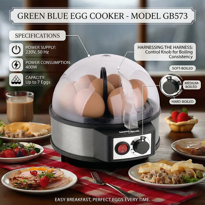 GreenBlue automatischer Eierkocher, Leistung 400W, bis zu 7 Eier, Messbecher, 220-240V~, 50 Hz, GB573
