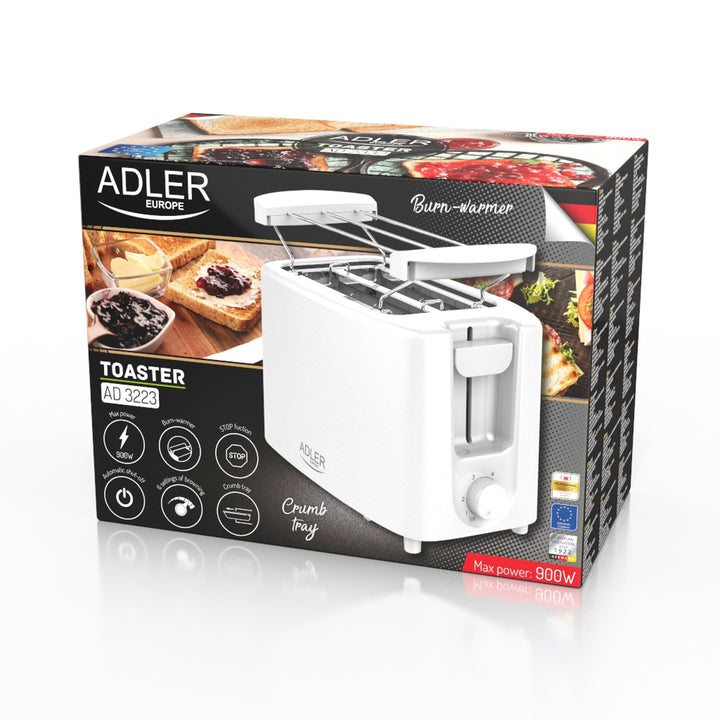 Adler Toaster, 6 Regelstufen, Brötchenrost, 900W, weiß, AD 3223