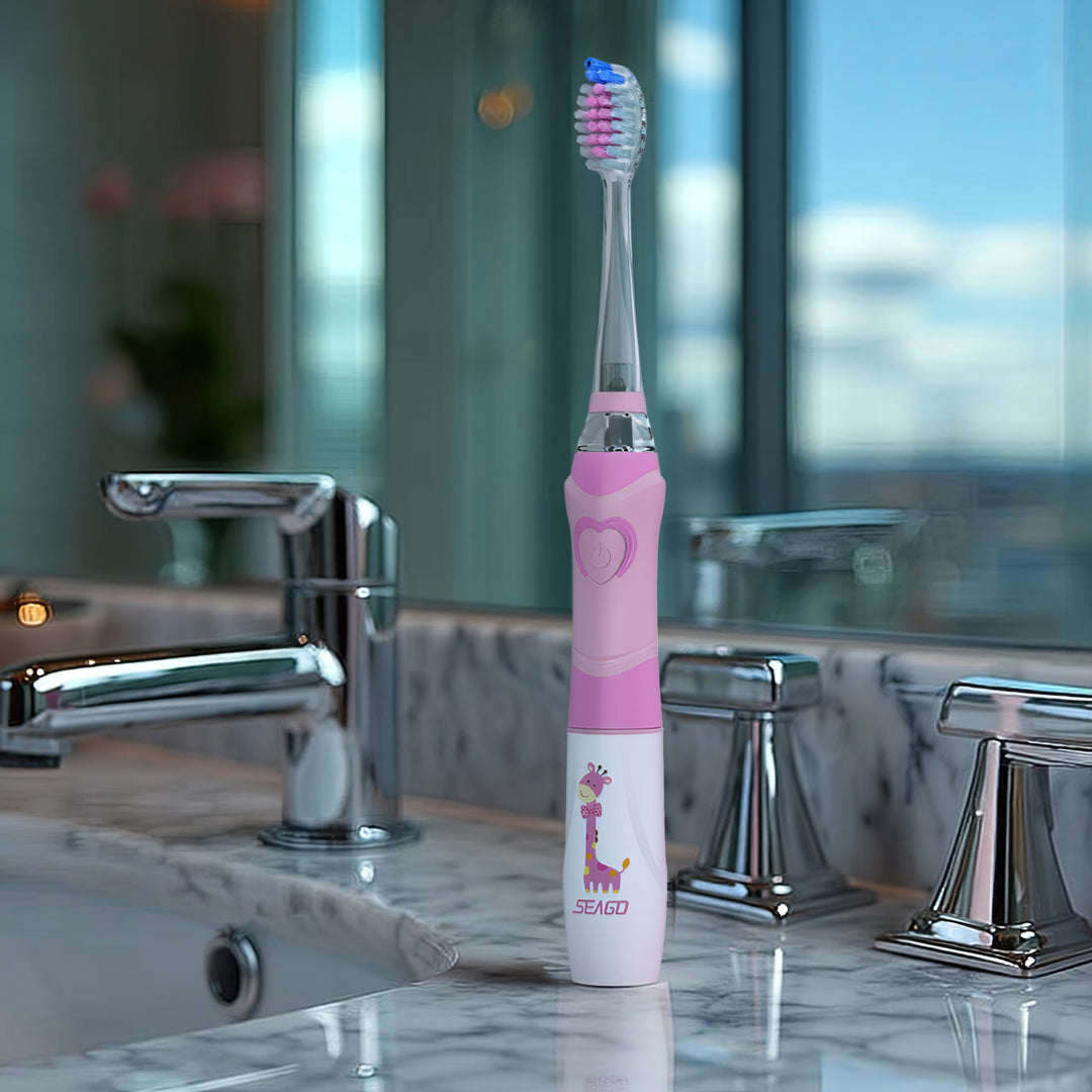 SEAGO Kinder-Schallzahnbürste, rosa, 1xAA 1,5V (nicht enthalten), 3 Aufsätze, SG-977 Pink