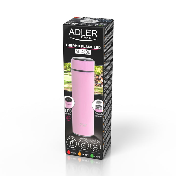 Adler Thermoskanne, LED-Touchdisplay, Fassungsvermögen 473 ml, Farbe Rosa, AD 4506