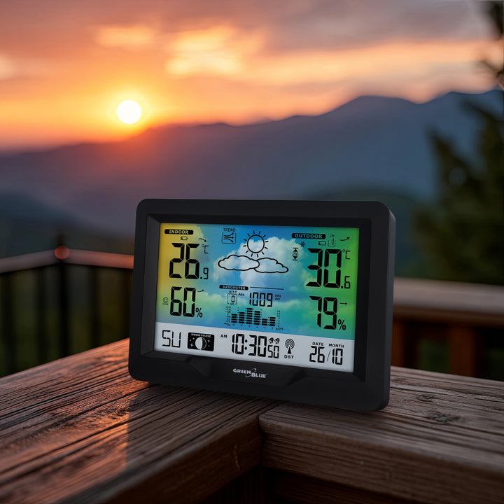 GreenBlue Funkwetterstation, Farbe, mit DCF, Mondphasen, Barometer, Kalender, Netzteil, GB540N