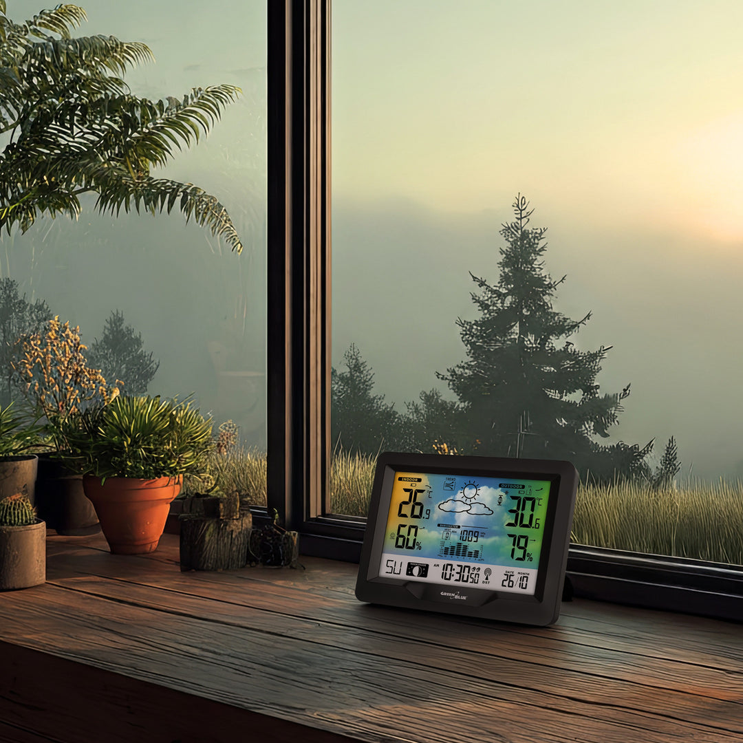 GreenBlue Funkwetterstation, Farbe, mit DCF, Mondphasen, Barometer, Kalender, Netzteil, GB540N