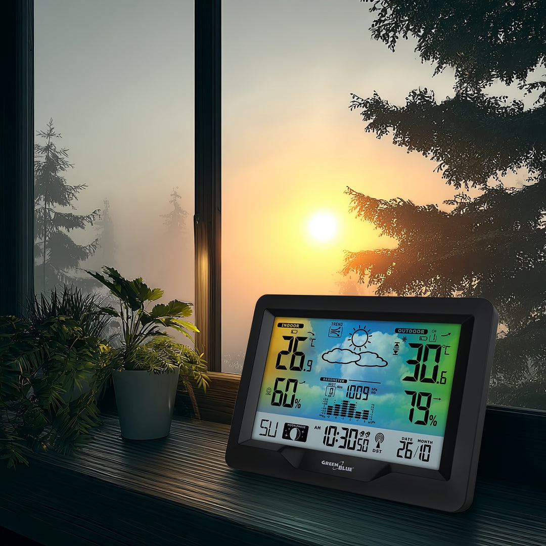 GreenBlue Funkwetterstation, Farbe, mit DCF, Mondphasen, Barometer, Kalender, Netzteil, GB540N