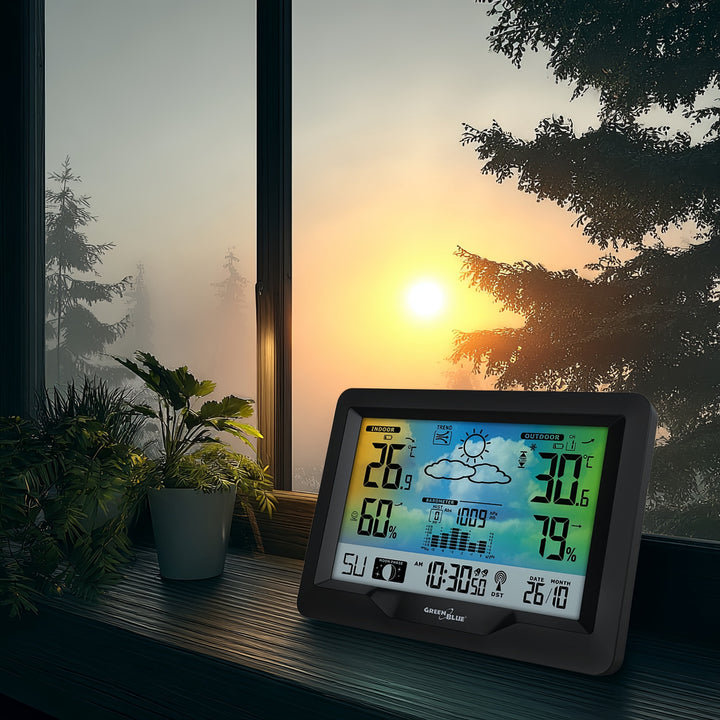 GreenBlue Funkwetterstation, Farbe, mit DCF, Mondphasen, Barometer, Kalender, Netzteil, GB540N