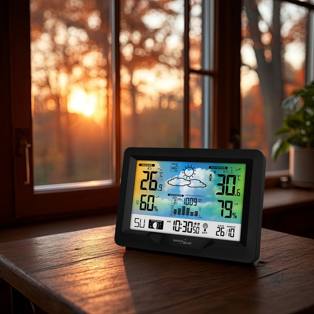 GreenBlue Funkwetterstation, Farbe, mit DCF, Mondphasen, Barometer, Kalender, Netzteil, GB540N