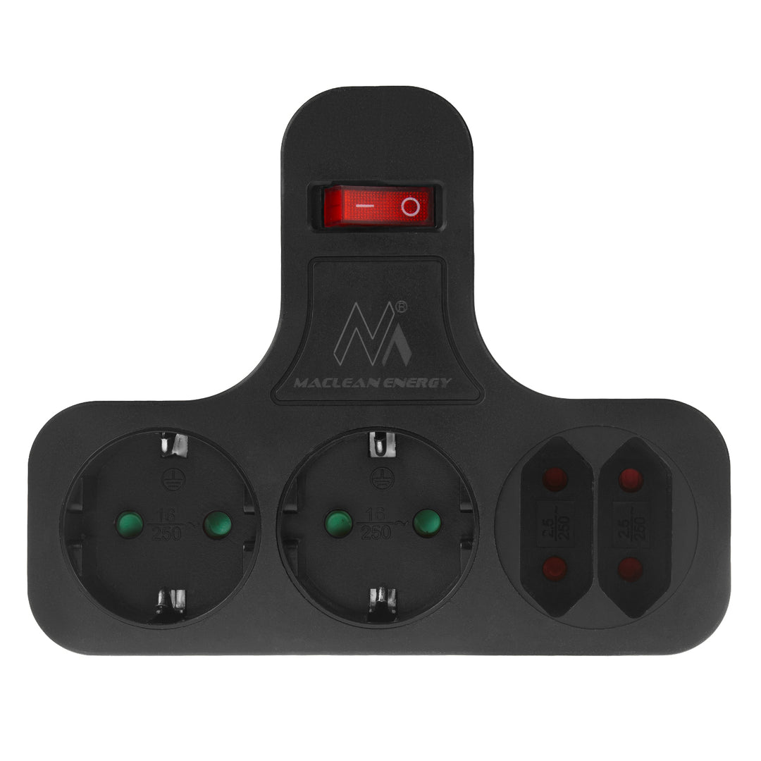 Maclean-Steckdose, vierfach mit Ein/Aus-Schalter, Standfuß, Typ Schuko, 2x2,5A, 2x16A, MCE224 G/B