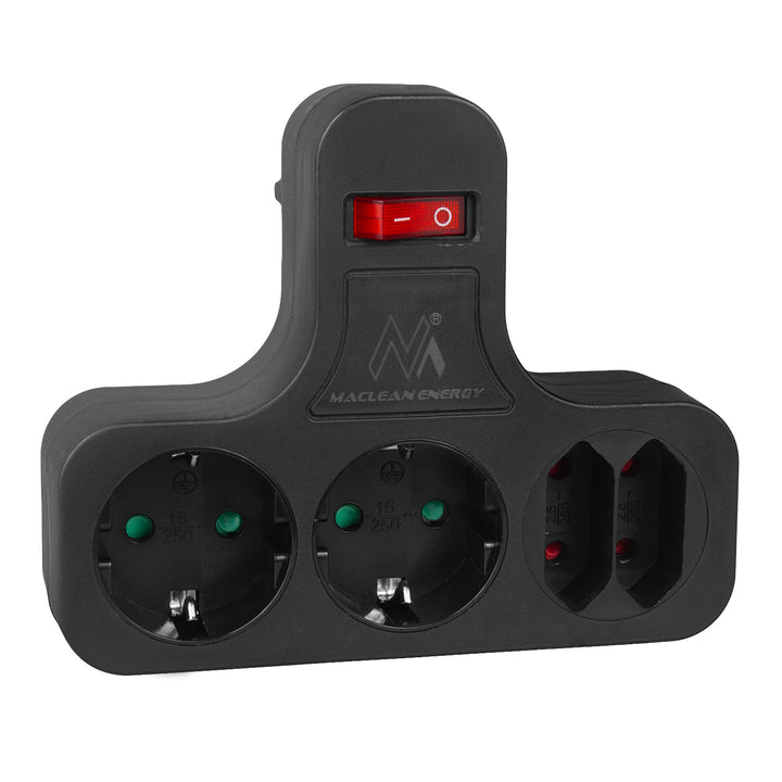 Maclean-Steckdose, vierfach mit Ein/Aus-Schalter, Standfuß, Typ Schuko, 2x2,5A, 2x16A, MCE224 G/B