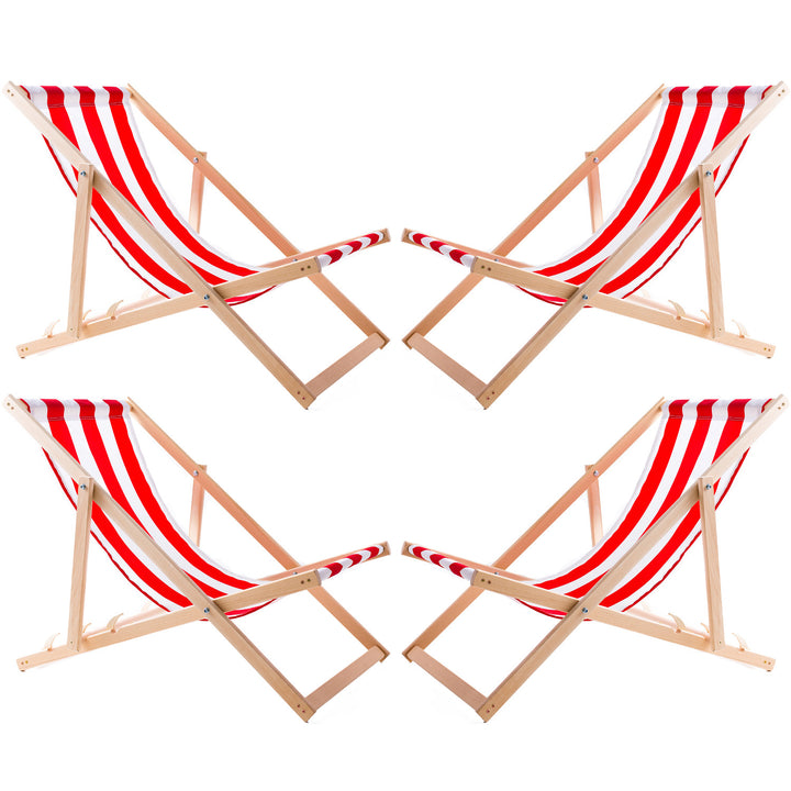 4 bequeme Liegestühle aus Holz, rot gestreift, ideal für Strand, Balkon, Terrasse, montiert