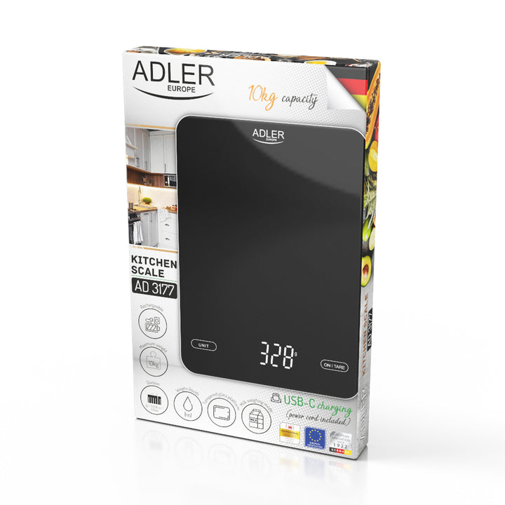 Küchenwaage, Adler, schwarz, 10 kg, über USB aufladbar, AD 3177