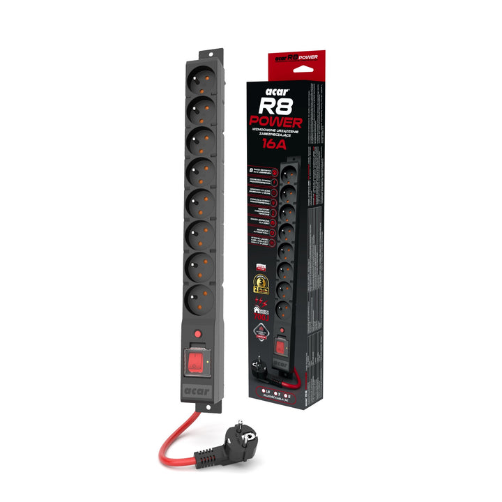 Acar Überspannungsschutzleiste, 16A, 3680W, 3m, schwarz, R8 POWER