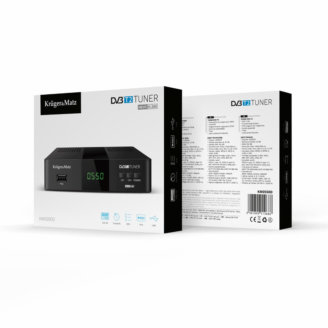 DVB-T2-Tuner und -Decoder KM0550D H.265 HEVC EPG PVR Timeshift Kruger&Matz