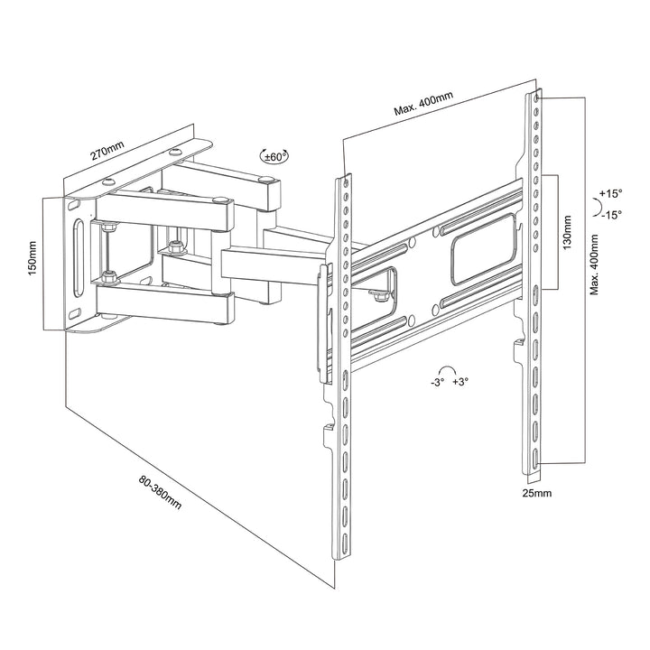 Maclean TV-Halterung, max VESA 400x400, 32-75", 50kg, horizontale und vertikale Winkelverstellung, Wandabstand 80-380mm, schwarz, MC-788