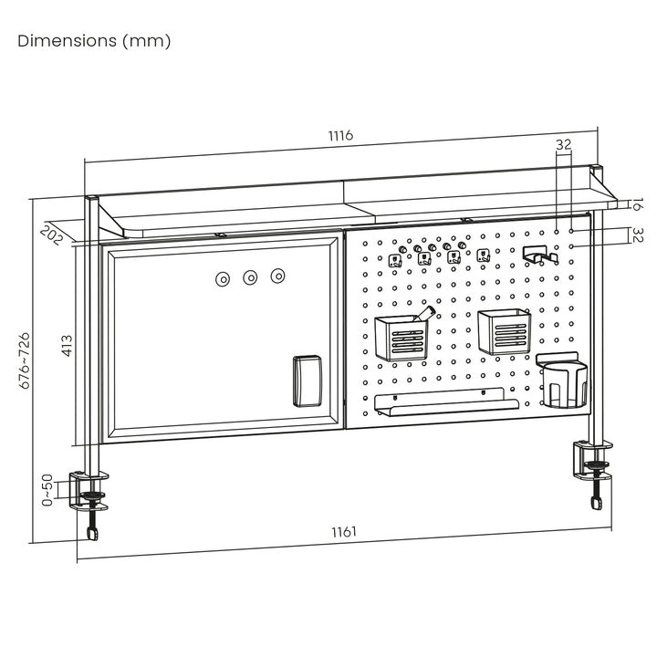 Schreibtischteiler / Organizer Ergo Office, max. Belastung 10kg, weiße Tafel, Breite 1116mm, weiß, ER-301 W