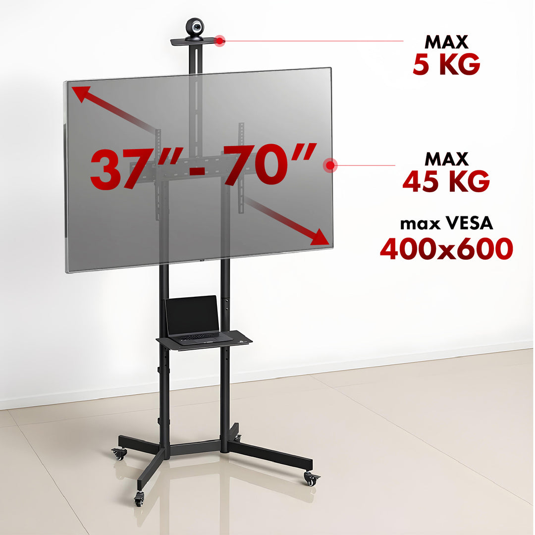 Maclean TV-Ständer, Kameraablage, auf Rädern, 37-70", max. Belastung 45kg/5kg Ablage, max. VESA 600x400, MC-113 B
