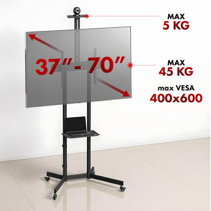 Maclean TV-Ständer, Kameraablage, auf Rädern, 37-70", max. Belastung 45kg/5kg Ablage, max. VESA 600x400, MC-113 B