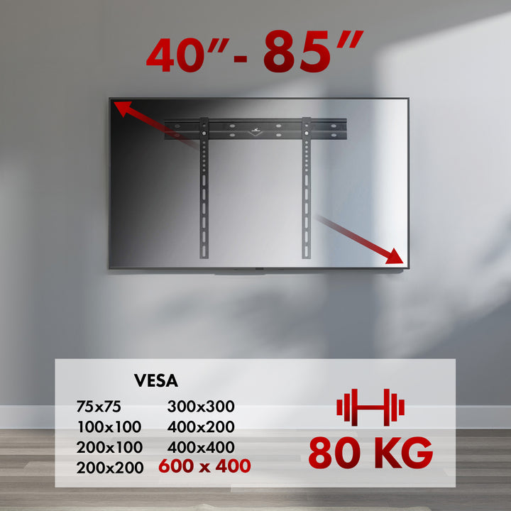 Maclean ultraflache Wandhalterung für TV, 40-85", max VESA 600x400, Belastung bis 80kg, MC-123