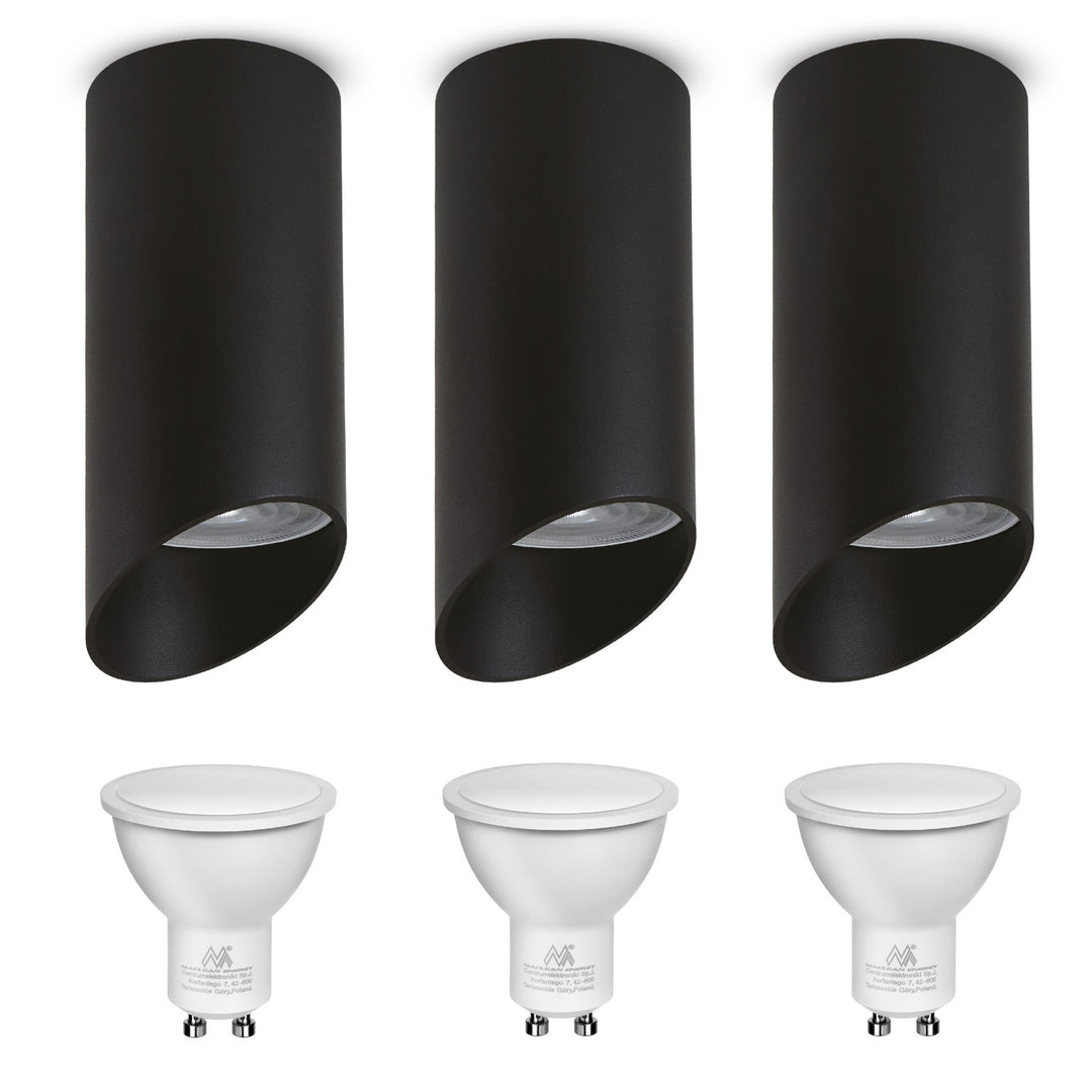 Maclean Anbauleuchte/Rohr, Spot, rund, Aluminium, GU10, 55x130mm, Farbe schwarz, MCE360 B 3Stk + LED-Leuchtmittel GU10 7W Maclean Energy MCE437 WW warmweiß 3000K, 220-240V~, 50/60Hz, 3Stk