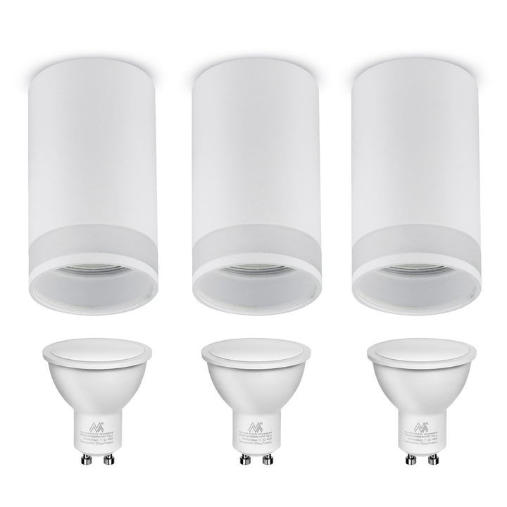 Maclean Anbauleuchte / Röhre, Spot, rund, Aluminium, GU10, 55x130mm, weiß, MCE361 W 3Stk + LED Leuchtmittel GU10 7W Maclean Energy MCE437 WW warmweiß 3000K, 220-240V~, 50/60Hz 3Stk