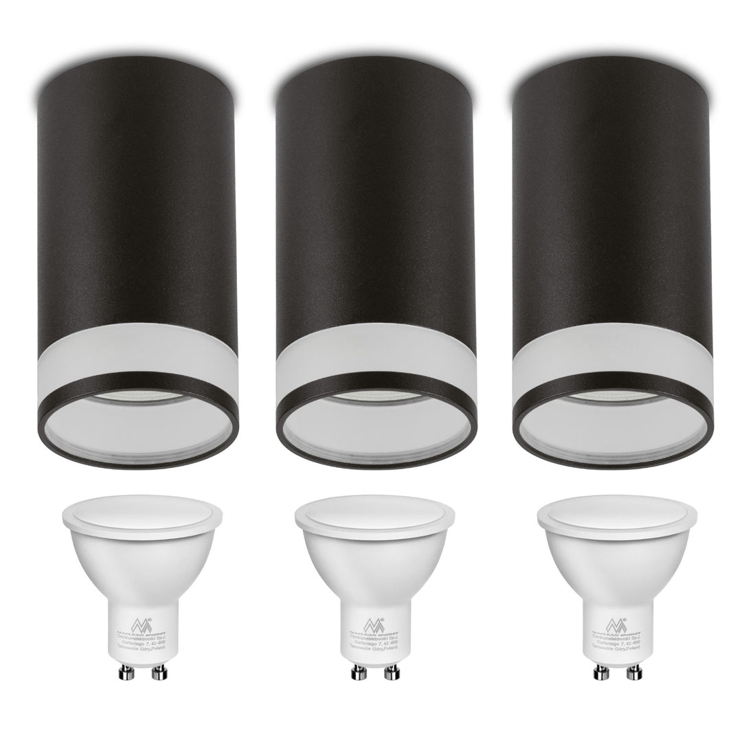 Maclean Anbauleuchte/Rohr, Spot, rund, Aluminium, GU10, 55x130mm, Farbe schwarz, MCE361 B 3Stk + LED-Leuchtmittel GU10 7W Maclean Energy MCE437 WW warmweiß 3000K, 220-240V~, 50/60Hz, 490lm, 3Stk