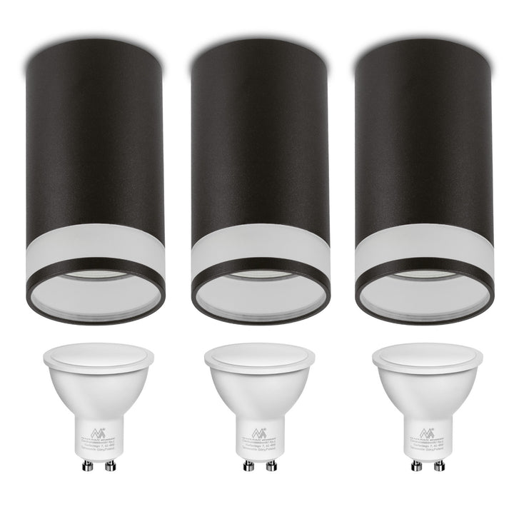 Maclean Anbauleuchte/Rohr, Spot, rund, Aluminium, GU10, 55x130mm, Farbe schwarz, MCE361 B 3Stk + LED-Leuchtmittel GU10 7W Maclean Energy MCE437 WW warmweiß 3000K, 220-240V~, 50/60Hz, 490lm, 3Stk