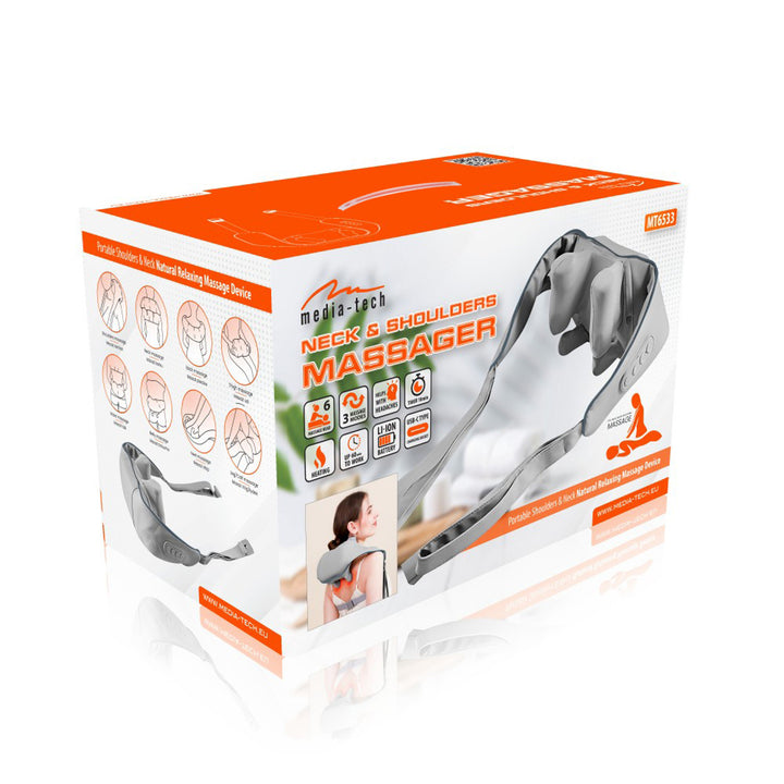 Schulter- und Nackenmassagegerät. Shiatsu, 5D Nachahmung Hände, 6 Massageköpfe, 3 Modi, 3 Geschwindigkeiten, kabellos, USB-C-Ladeanschluss HALS & amp; SCHULTER-MASSAGEGERÄT