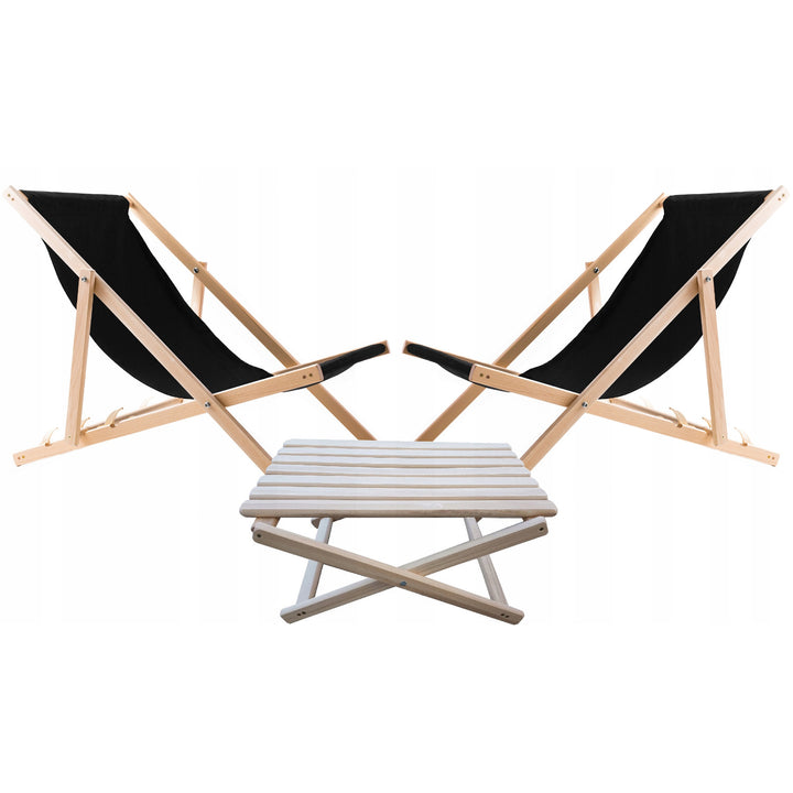 Set aus 2 Liegestühlen, schwarz + Couchtisch aus Holz Woodok