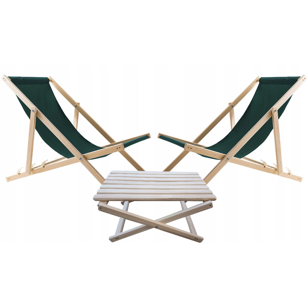 Set aus 2 Liegestühlen, grün + Couchtisch aus Holz Woodok