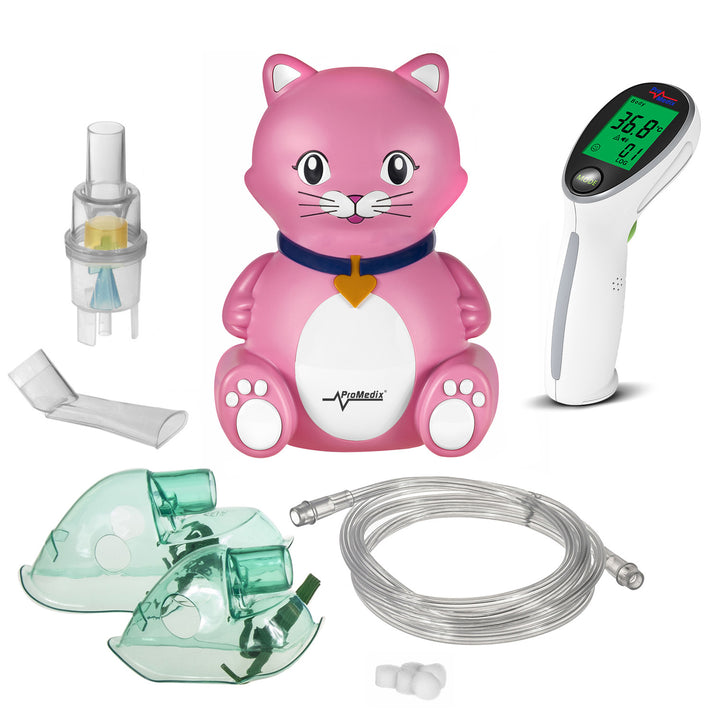Promedix Katze Inhalator für Kinder, Set Vernebler, Masken, Filter, PR-816 + Promedix PR-960 Infrarot berührungsloses medizinisches Thermometer