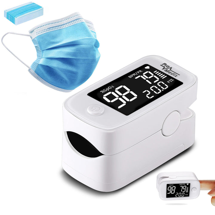 Promedix PR-870 1.5" HD LED Pulsoximeter medizinisches Pulsoximeter + 2x medizinische Masken Set CE EN 14683:2019 - Set - blaue Farbe 10 Stück Promedix PR-280 BFE>98%