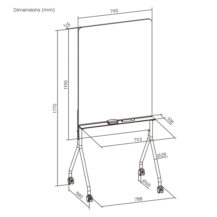 Ergo Office mobile Schreibtafel, vertikale Ausrichtung, weiß, einseitig, mit Ablage, Tafelgröße 1190x790mm, ER-305