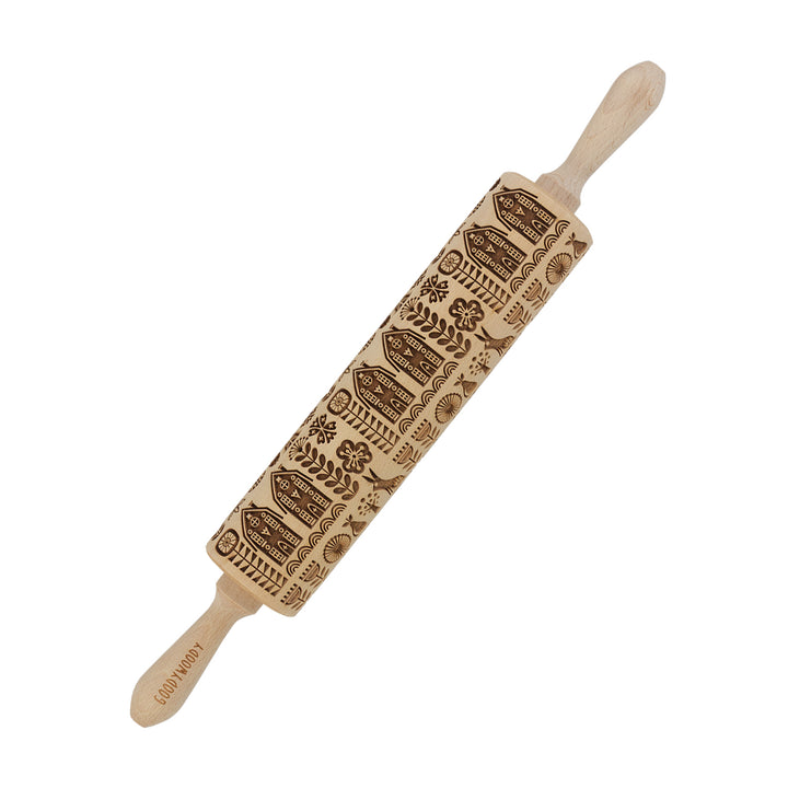 Goody Woody gravierter Kuchenroller, 46 cm, Buchenholz, skandinavischer Stil