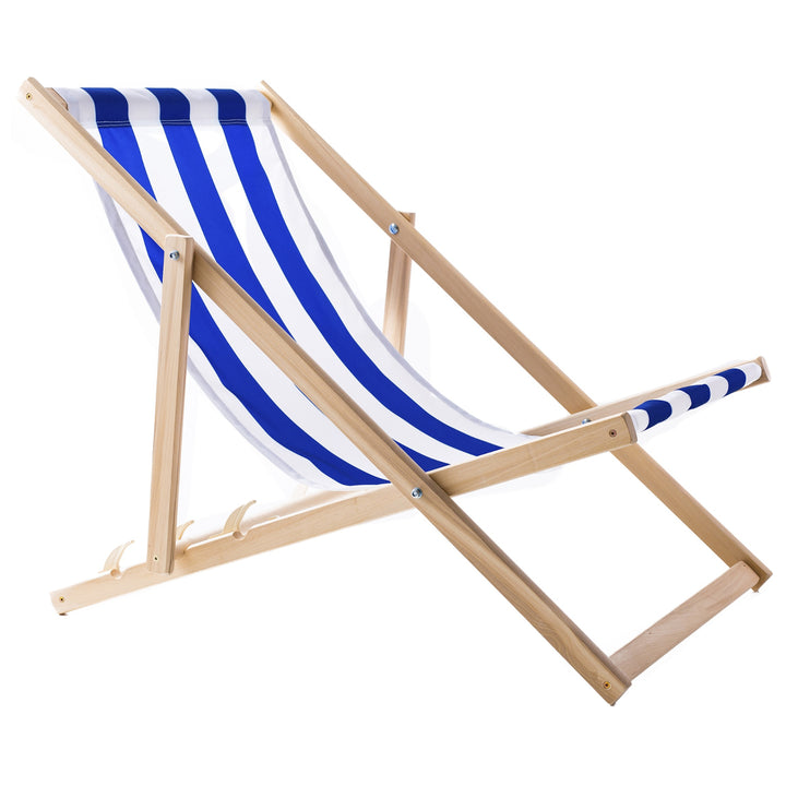 2 bequeme Liegestühle aus Holz,blaue Streifen, ideal für den Strand, Balkon, Terrasse, montiert