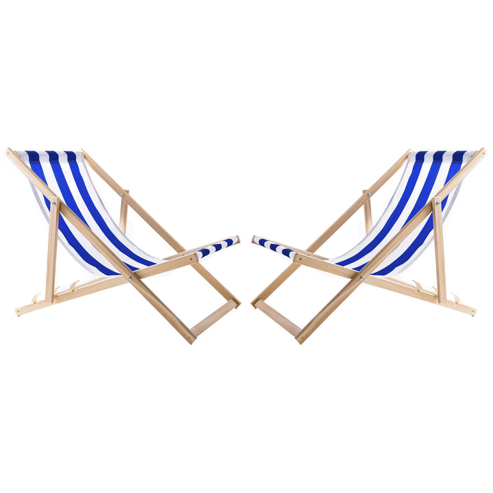 2 bequeme Liegestühle aus Holz,blaue Streifen, ideal für den Strand, Balkon, Terrasse, montiert