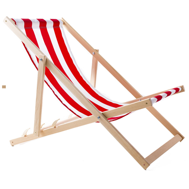 2 bequeme Liegestühle aus Holz, rote Streifen, ideal für den Strand, Balkon, Terrasse, montiert