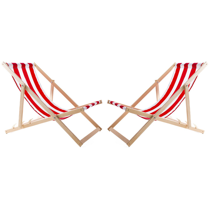 2 bequeme Liegestühle aus Holz, rote Streifen, ideal für den Strand, Balkon, Terrasse, montiert