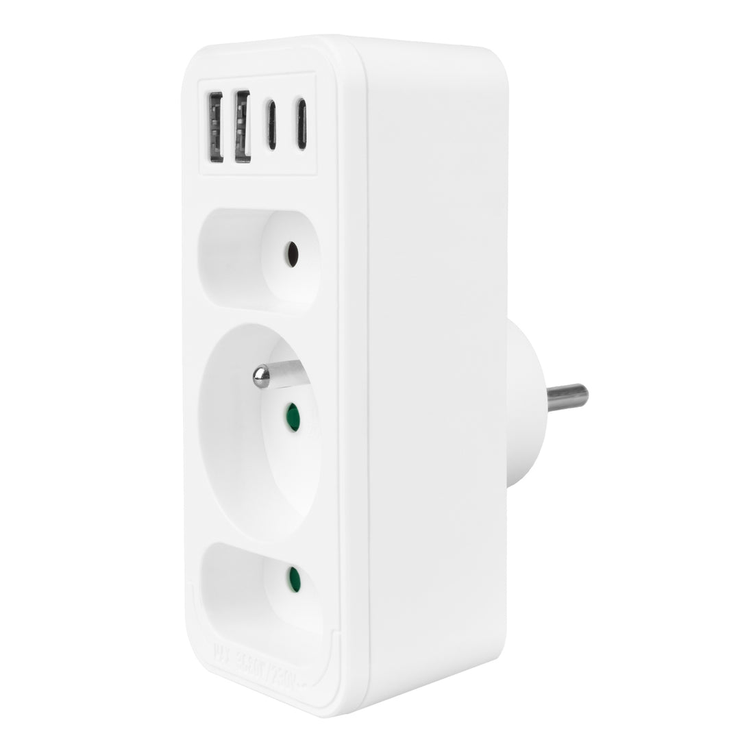 Stromanschluss x3 + 4xUSB Maclean, 3-Steckdosen-Verteiler, 2xUSB A, 2xUSB C PD 20W, 1x16A + 2x6A, MCE248 F/W