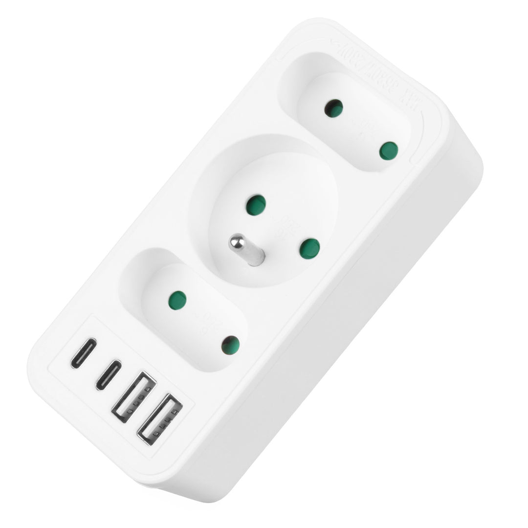 Stromanschluss x3 + 4xUSB Maclean, 3-Steckdosen-Verteiler, 2xUSB A, 2xUSB C PD 20W, 1x16A + 2x6A, MCE248 F/W