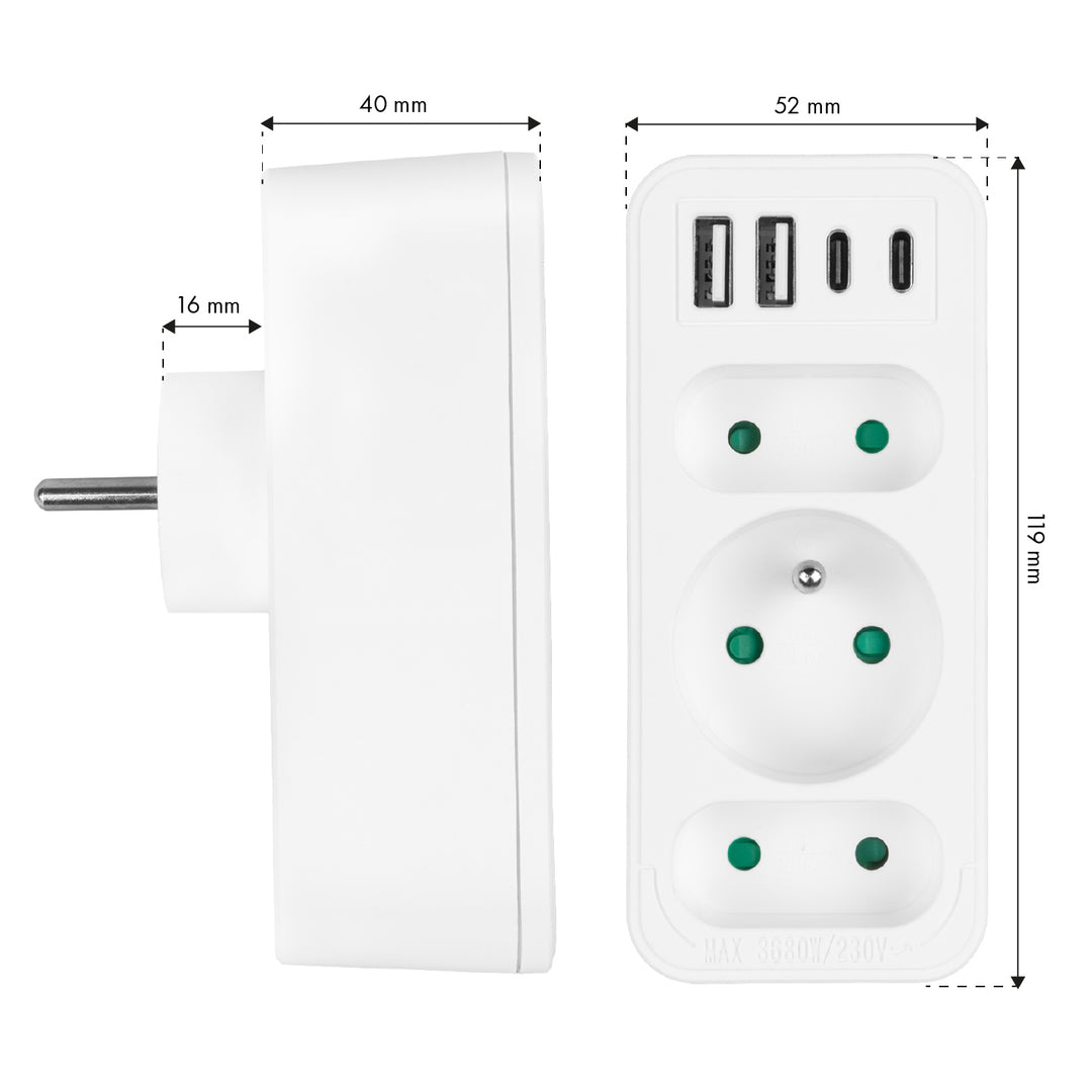 Stromanschluss x3 + 4xUSB Maclean, 3-Steckdosen-Verteiler, 2xUSB A, 2xUSB C PD 20W, 1x16A + 2x6A, MCE248 F/W