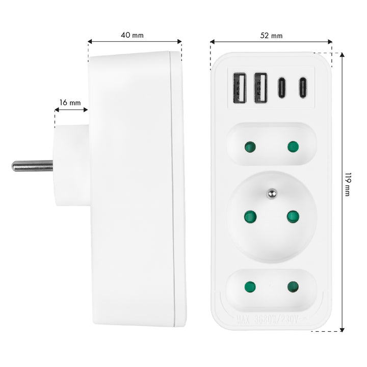 Stromanschluss x3 + 4xUSB Maclean, 3-Steckdosen-Verteiler, 2xUSB A, 2xUSB C PD 20W, 1x16A + 2x6A, MCE248 F/W