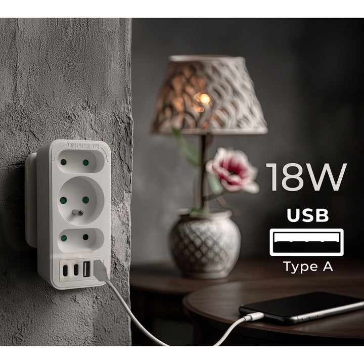 Stromanschluss x3 + 4xUSB Maclean, 3-Steckdosen-Verteiler, 2xUSB A, 2xUSB C PD 20W, 1x16A + 2x6A, MCE248 F/W