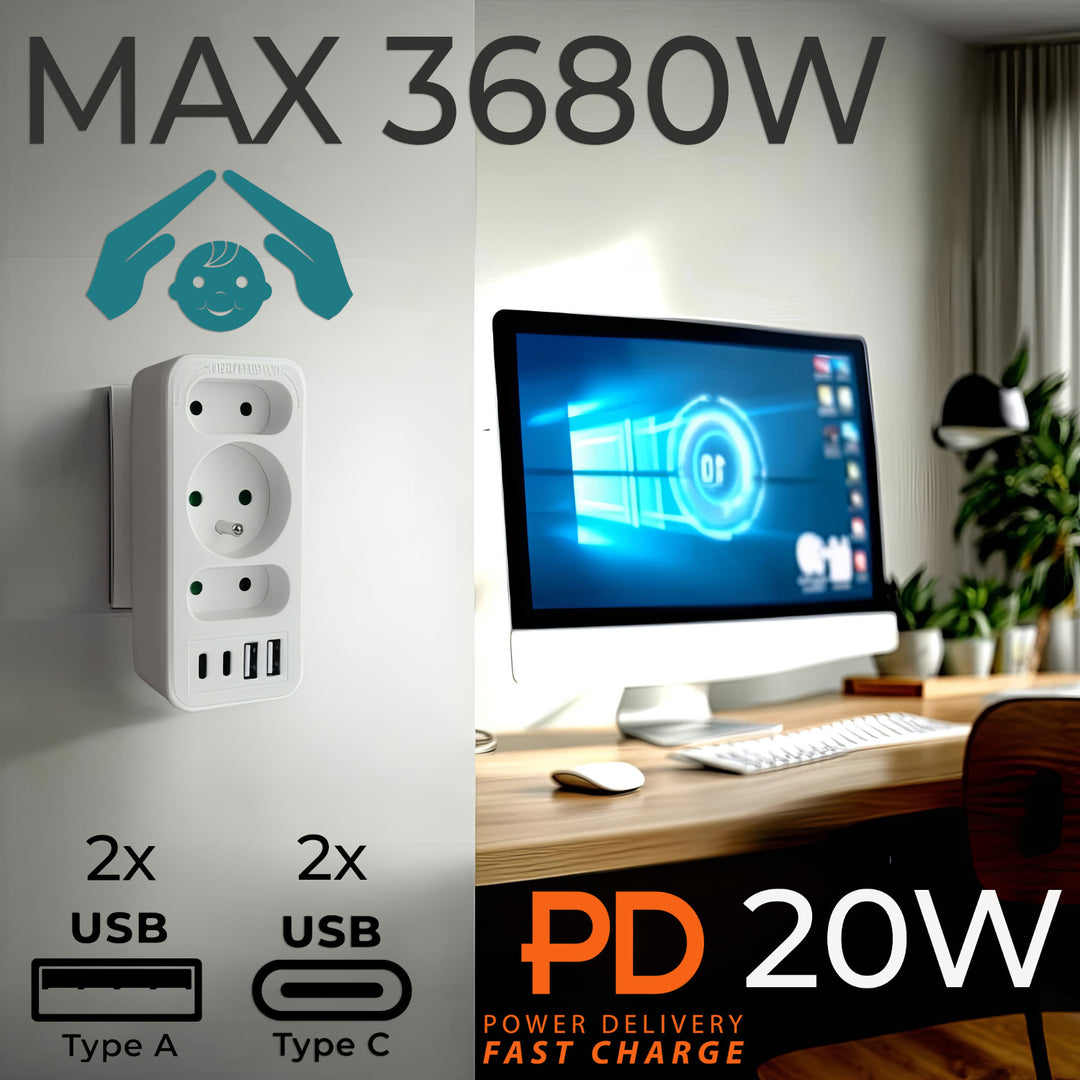 Stromanschluss x3 + 4xUSB Maclean, 3-Steckdosen-Verteiler, 2xUSB A, 2xUSB C PD 20W, 1x16A + 2x6A, MCE248 F/W