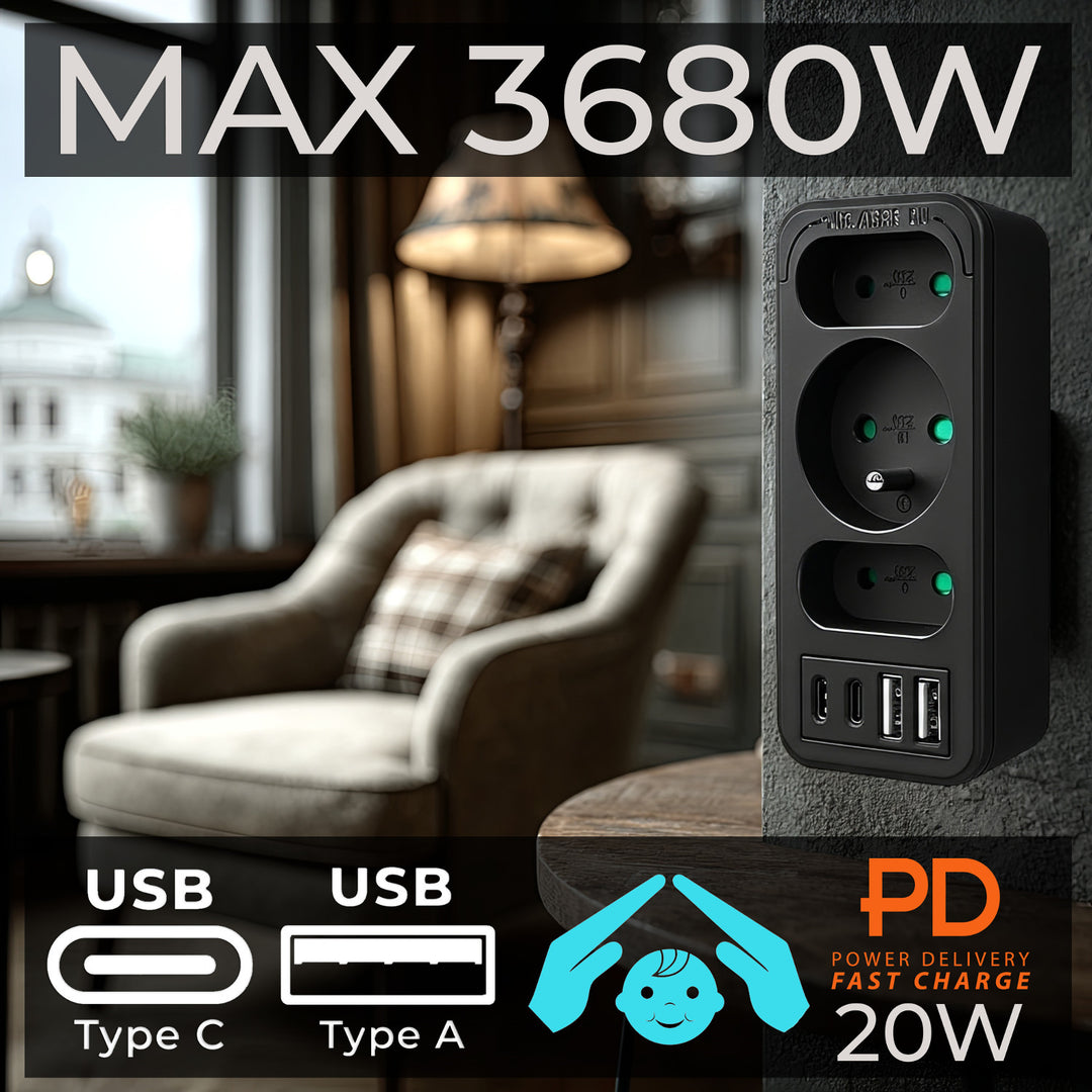 Stromanschluss x3 + 4xUSB Maclean, 3-Steckdosen-Verteiler, 2xUSB A, 2xUSB C PD 20W, 1x16A + 2x6A, MCE248 F/B