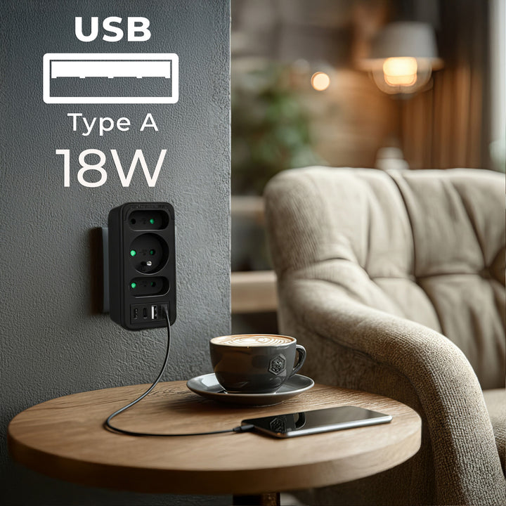 Stromanschluss x3 + 4xUSB Maclean, 3-Steckdosen-Verteiler, 2xUSB A, 2xUSB C PD 20W, 1x16A + 2x6A, MCE248 F/B