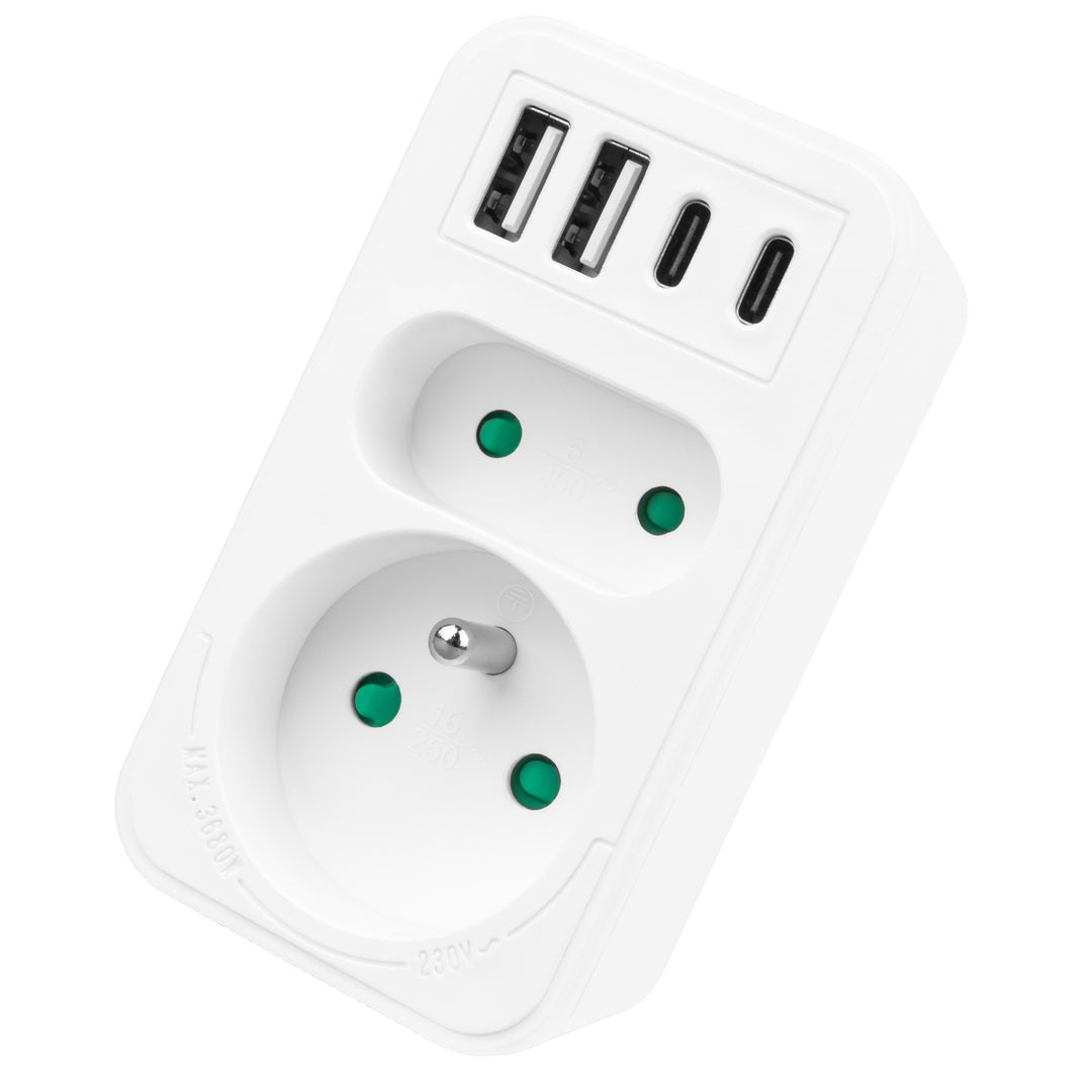 Maclean Stromsteckdose x2 + 4xUSB, Verteiler mit 2 Steckdosen, 2xUSB A, 2xUSB C PD 20W, 1x16A + 1x6A, MCE249 F/W