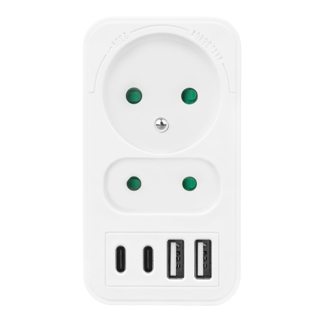 Maclean Stromsteckdose x2 + 4xUSB, Verteiler mit 2 Steckdosen, 2xUSB A, 2xUSB C PD 20W, 1x16A + 1x6A, MCE249 F/W