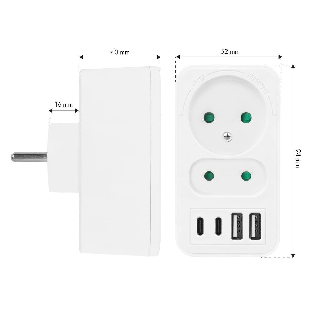 Maclean Stromsteckdose x2 + 4xUSB, Verteiler mit 2 Steckdosen, 2xUSB A, 2xUSB C PD 20W, 1x16A + 1x6A, MCE249 F/W