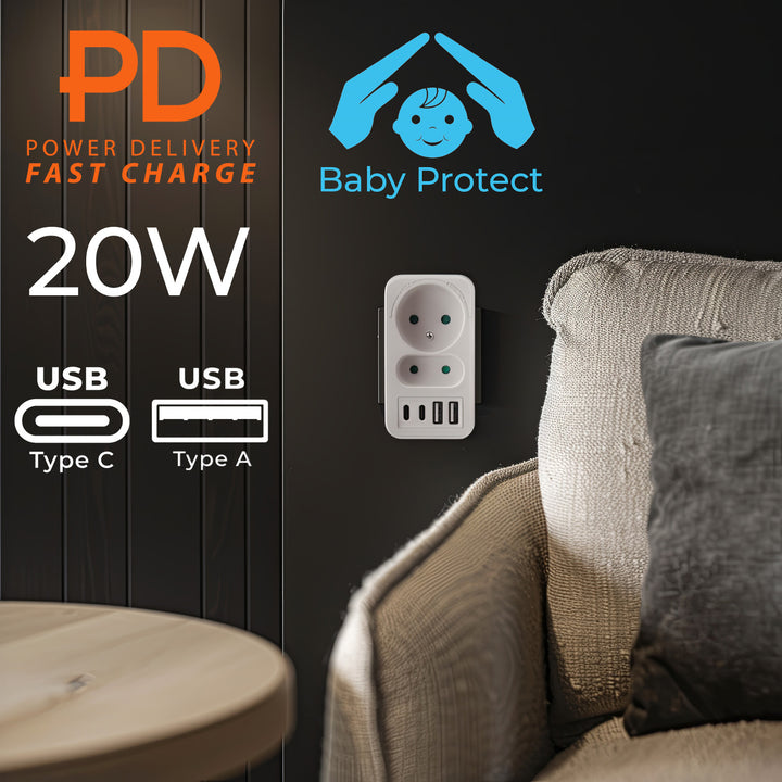Maclean Stromsteckdose x2 + 4xUSB, Verteiler mit 2 Steckdosen, 2xUSB A, 2xUSB C PD 20W, 1x16A + 1x6A, MCE249 F/W