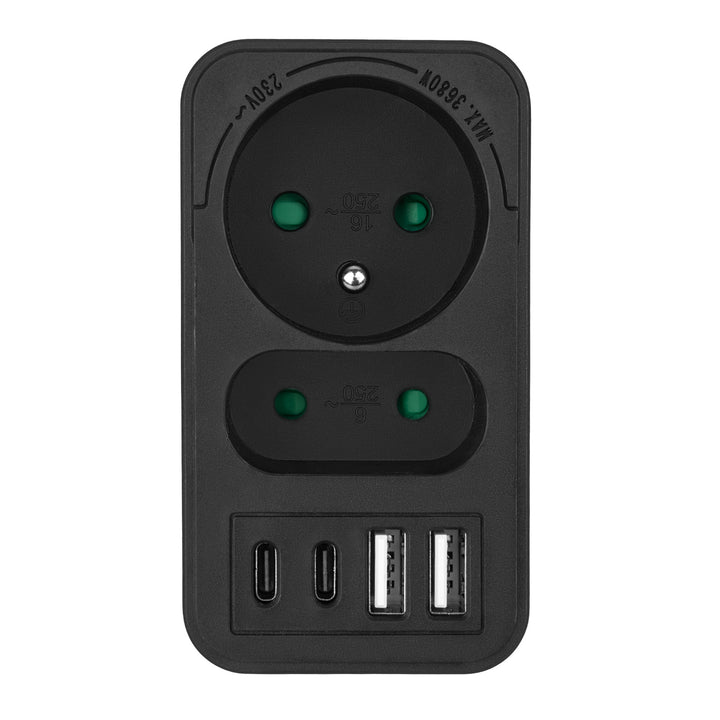 Maclean Stromsteckdose x2 + 4xUSB, Verteiler mit 2 Steckdosen, 2xUSB A, 2xUSB C PD 20W, 1x16A + 1x6A, MCE249 F/B