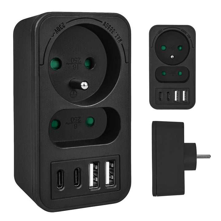 Maclean Stromsteckdose x2 + 4xUSB, Verteiler mit 2 Steckdosen, 2xUSB A, 2xUSB C PD 20W, 1x16A + 1x6A, MCE249 F/B
