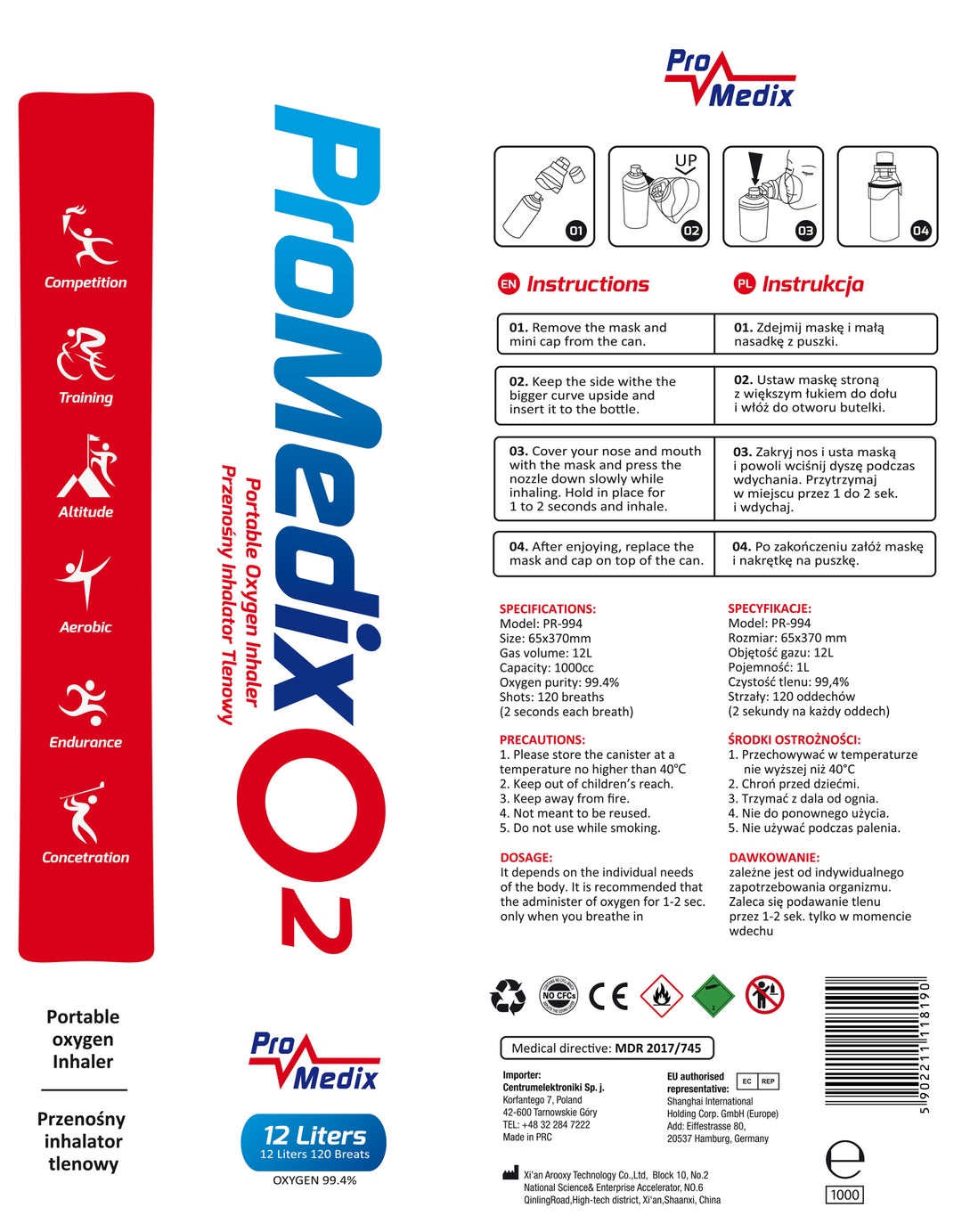 Tragbares 99,4% Sauerstoff-Inhalationsgerät Promedix 12L, PR-994, 6 Stück